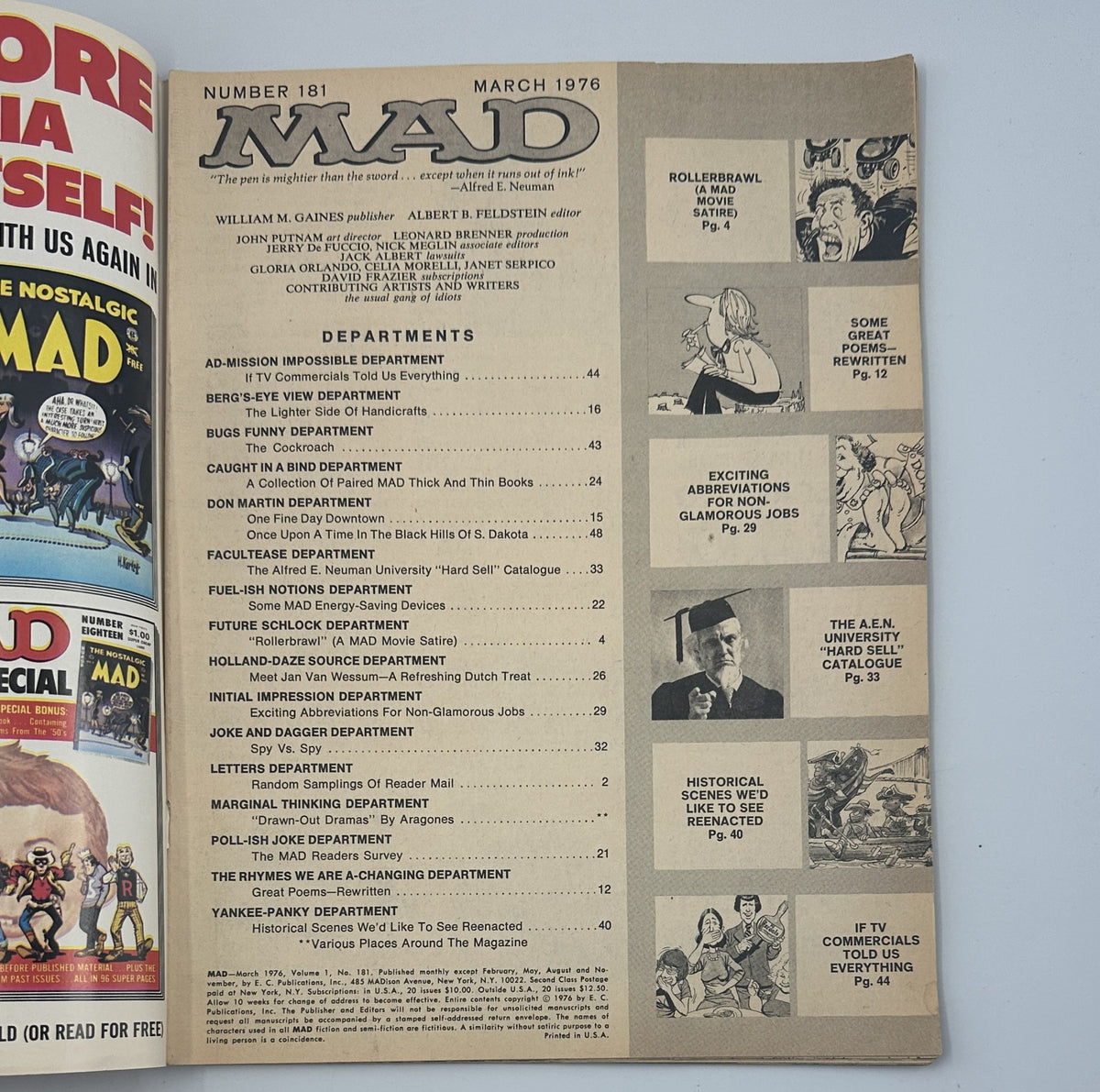 Interior page of MAD Magazine No. 181 March 1976, showcasing the Table of Contents with departments like Rollerbrawl, Ad-Mission Impossible, and Yankee-Panky.