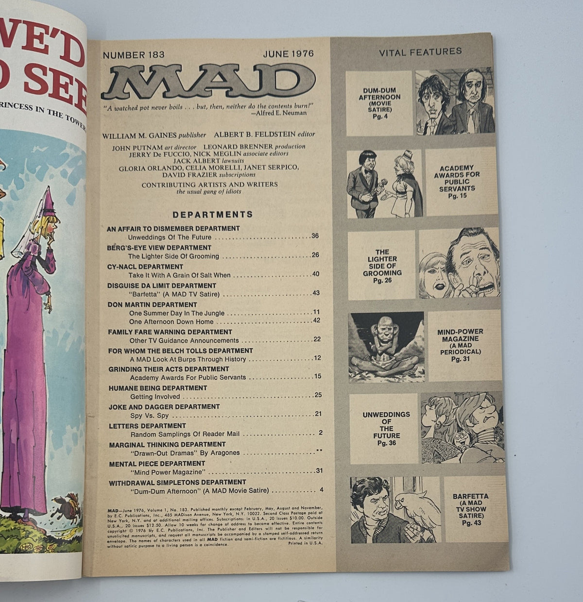 Interior page of MAD Magazine No. 183 from June 1976 displaying the Table of Contents and various department features, highlighting comedic segments including 'Dum-Dum Afternoon' and 'Academy Awards For Public Servants'.