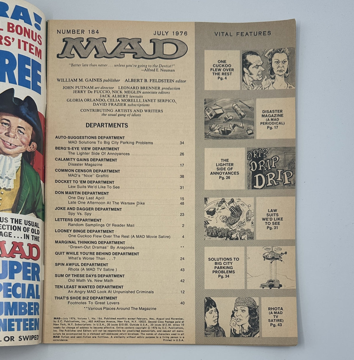 Table of contents for MAD Magazine No. 184, July 1976, featuring satire, departments, and articles including 'One Cuckoo Flew Over the Rest' and other humorous pieces.
