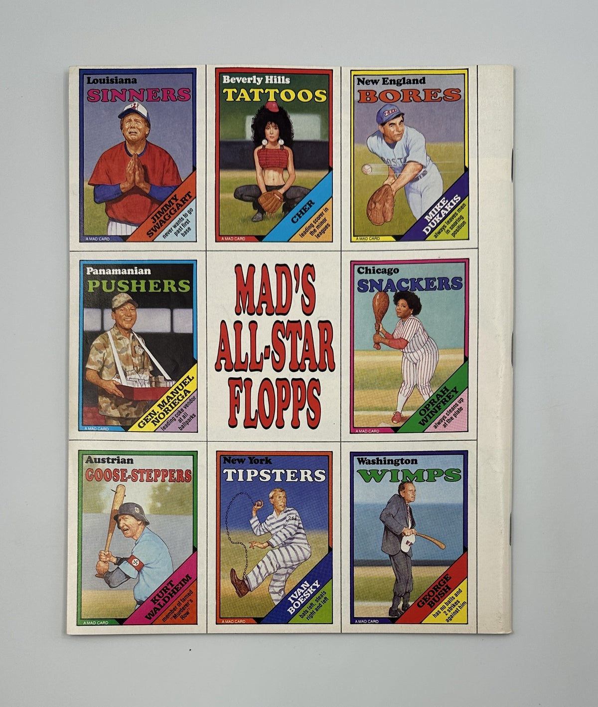 The back cover of MAD Magazine No. 282, October 1988 showcases 'MAD's All-Star Flopps' featuring playful illustrations of fictional teams such as 'Louisiana Sinners' and 'Chicago Snackers.' This magazine is graded Fine (FN 6.0).