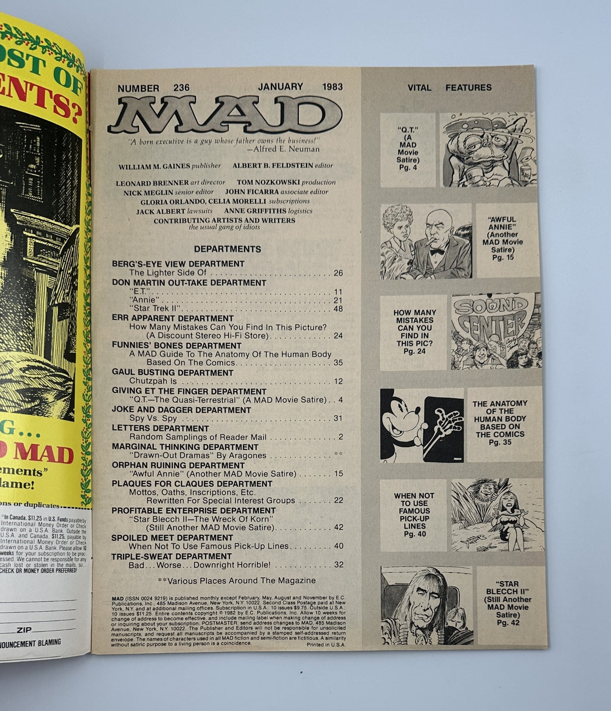 Table of contents for MAD Magazine No. 236, January 1983, listing various departments including 'Berg's-Eye View', 'Don Martin Out-Take', and several movie parodies.