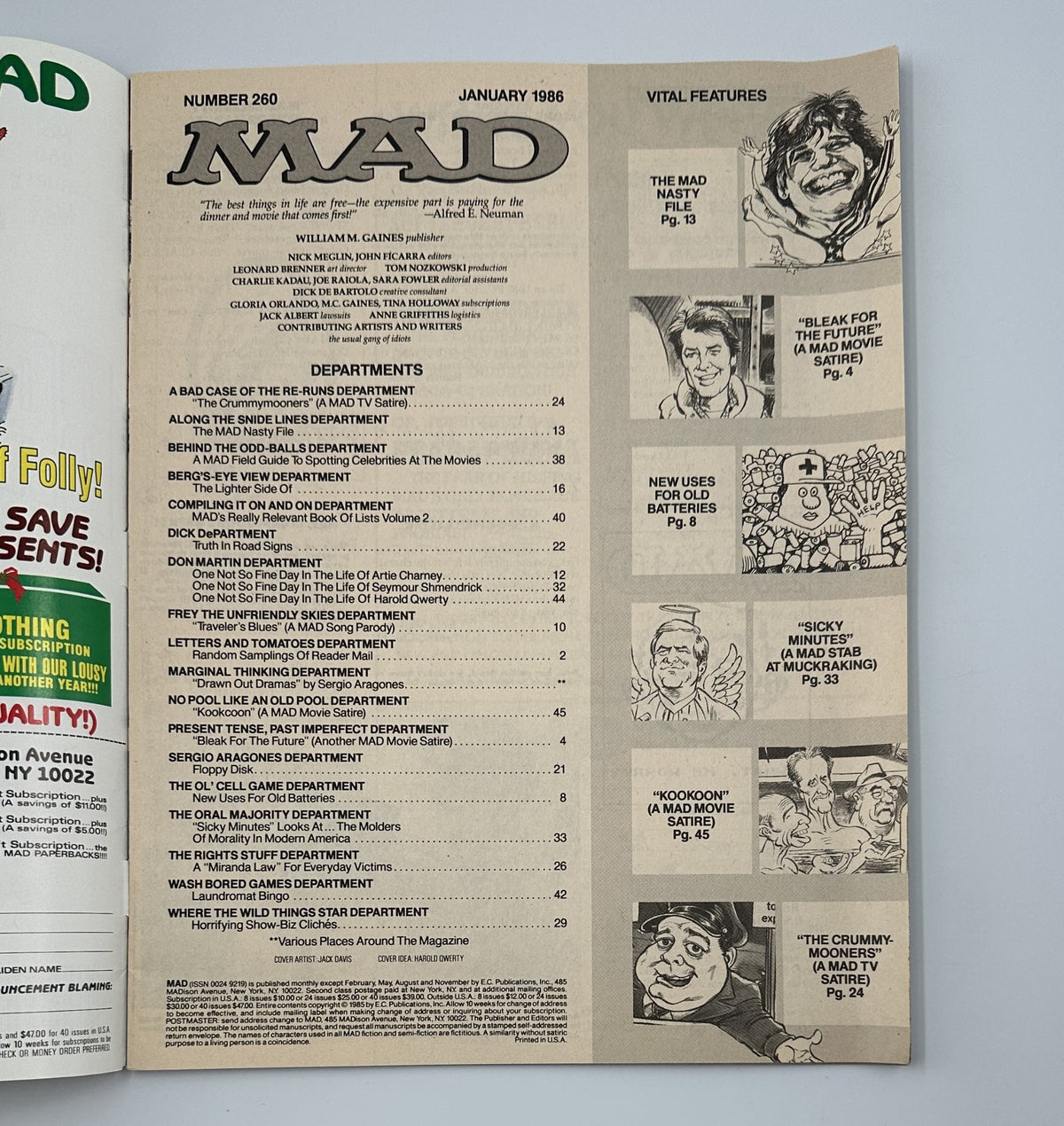 Inside page of MAD Magazine No. 260 from January 1986 displaying the Table of Contents with illustrations and vital features of the issue.