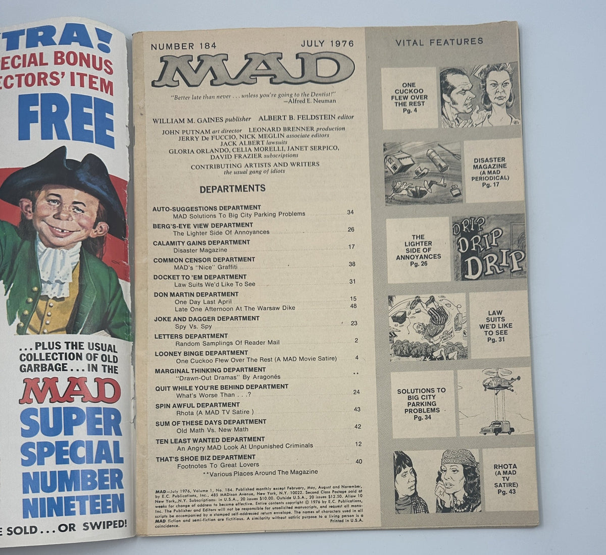 Open page of MAD Magazine No. 184 from July 1976, highlighting the Table of Contents and departments listed, featuring amusing segments and vital features.