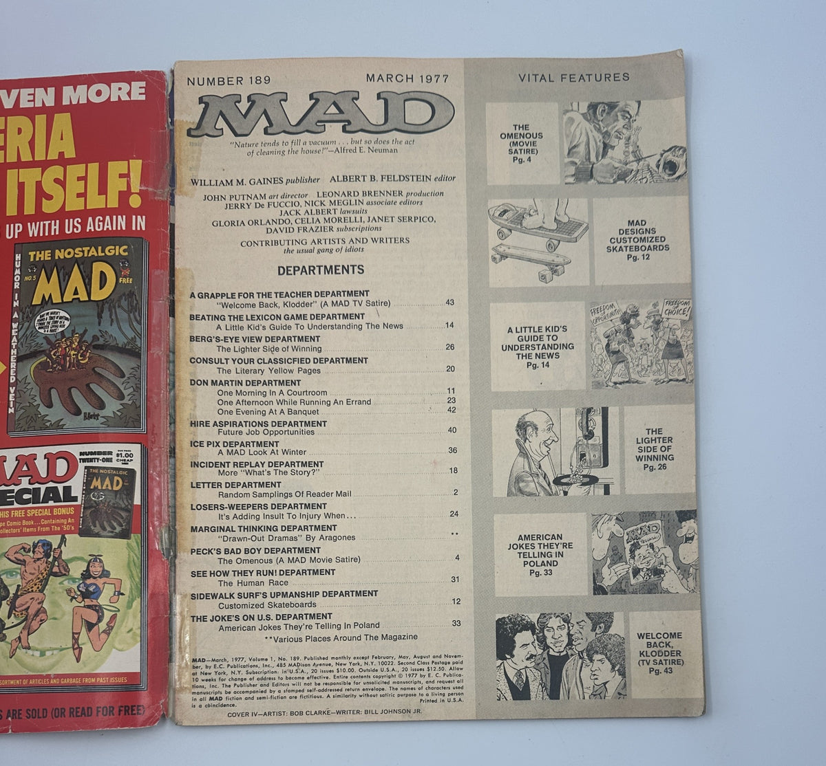 Inside page of MAD Magazine No. 189, March 1977, showcasing the table of contents and vital feature sections for easy navigation through humorous content.