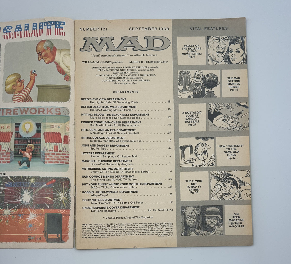 MAD Magazine No. 121 September 1968 - Cover showcasing the Table of Contents and major departments, including various comic sketches and satirical features.