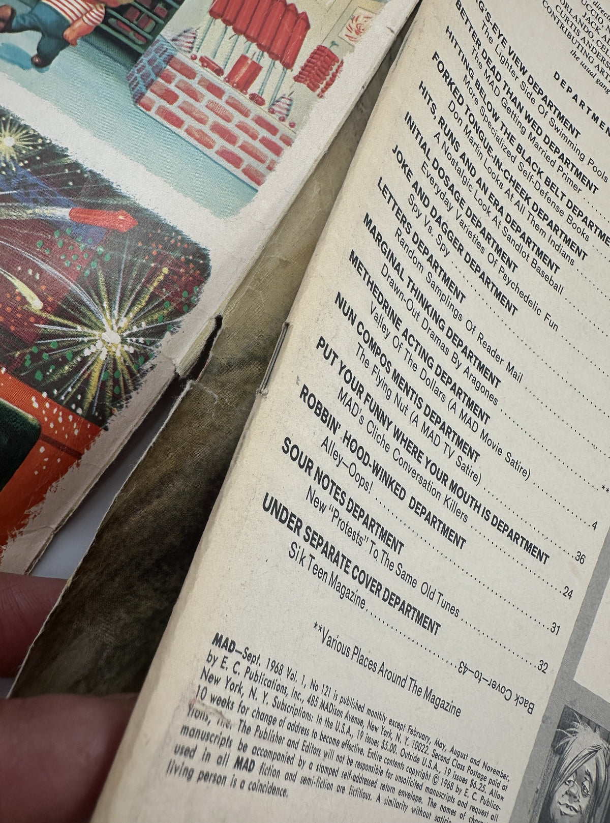 MAD Magazine No. 121 September 1968 - Close-up view of the Table of Contents, highlighting the sections such as 'Berg's-Eye View' and 'Spy Vs. Spy', with notable comic illustrations.