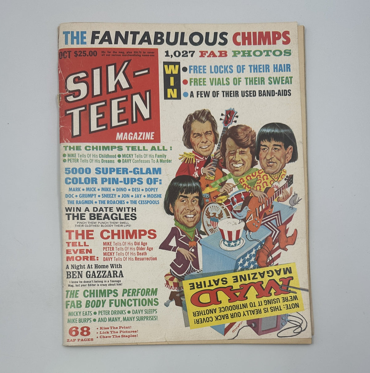 MAD Magazine No. 121 September 1968 - Back cover featuring the Sixteen Magazine with a promotional layout and colorful images of popular bands from the era.