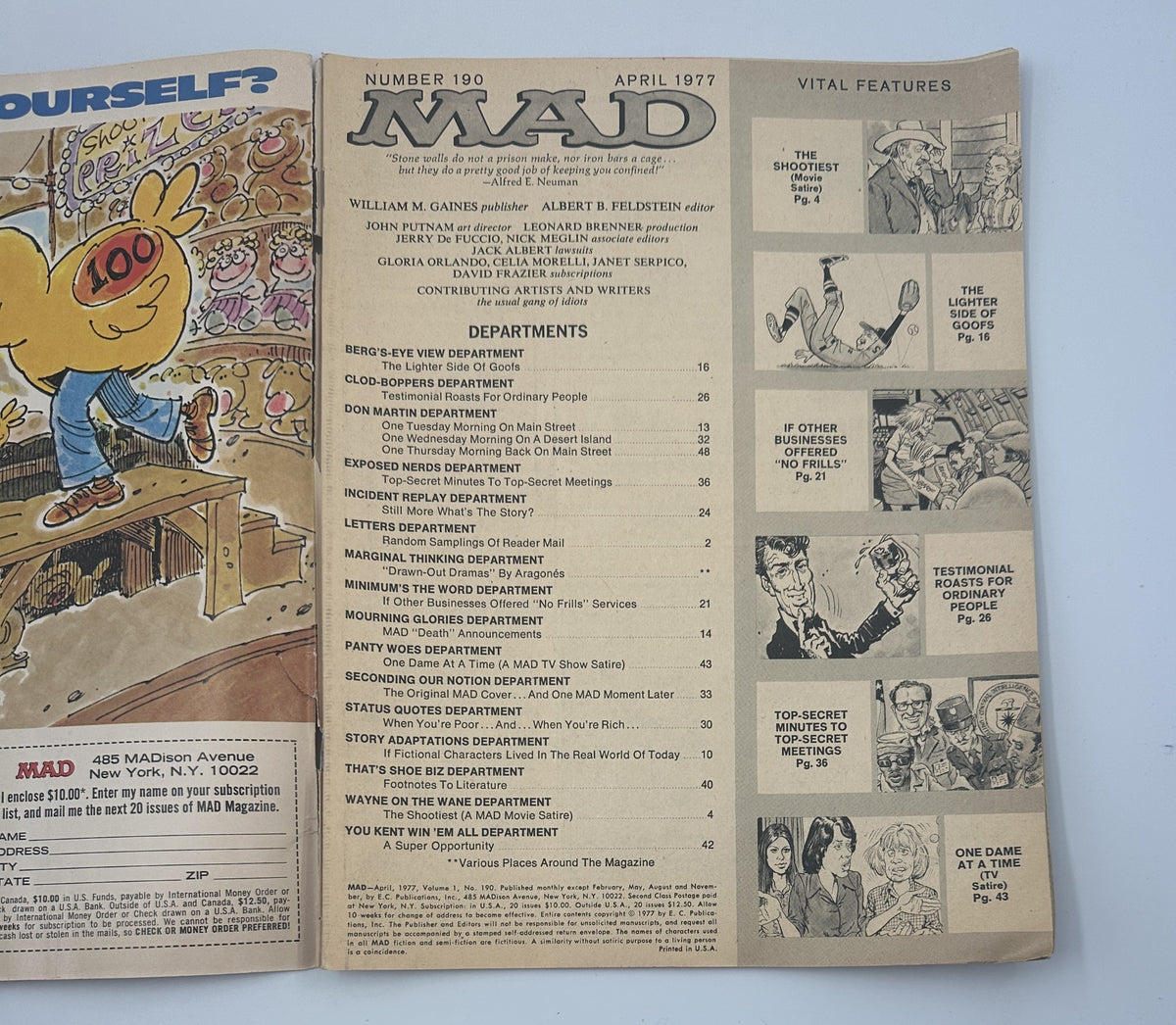 Inside page of MAD Magazine No. 190 April 1977 displaying the Table of Contents with vibrant graphics and comic illustrations.