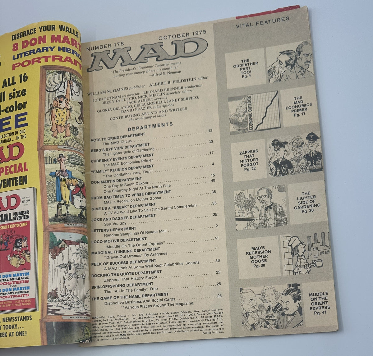Interior page of MAD Magazine No. 178, October 1975, displaying the table of contents and departments such as 'ACTS TO GRIND' and 'BERG'S-EYE VIEW'.