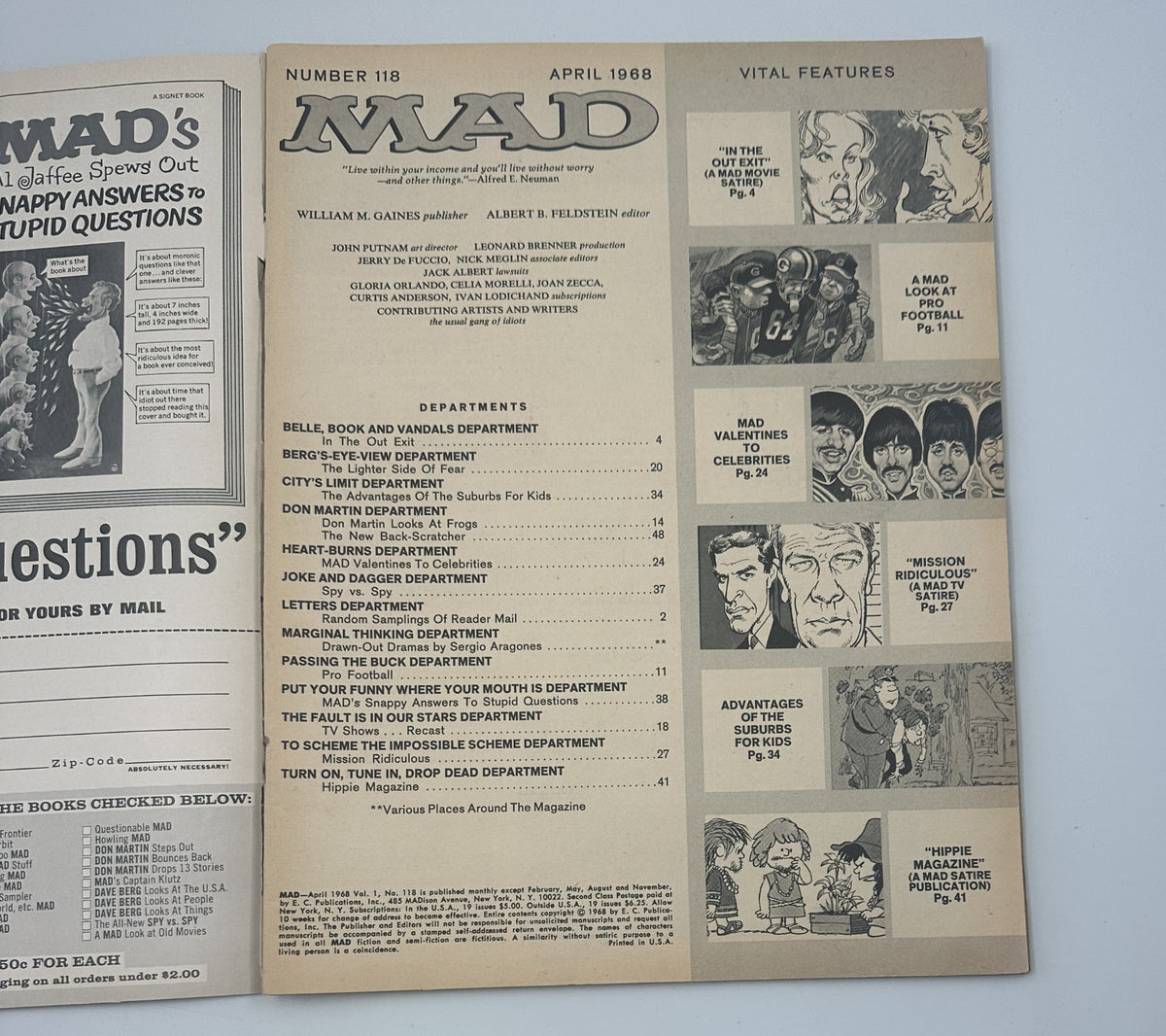 Inside page of MAD Magazine No. 118 from April 1968 showcasing the Table of Contents with various department headings and page numbers.
