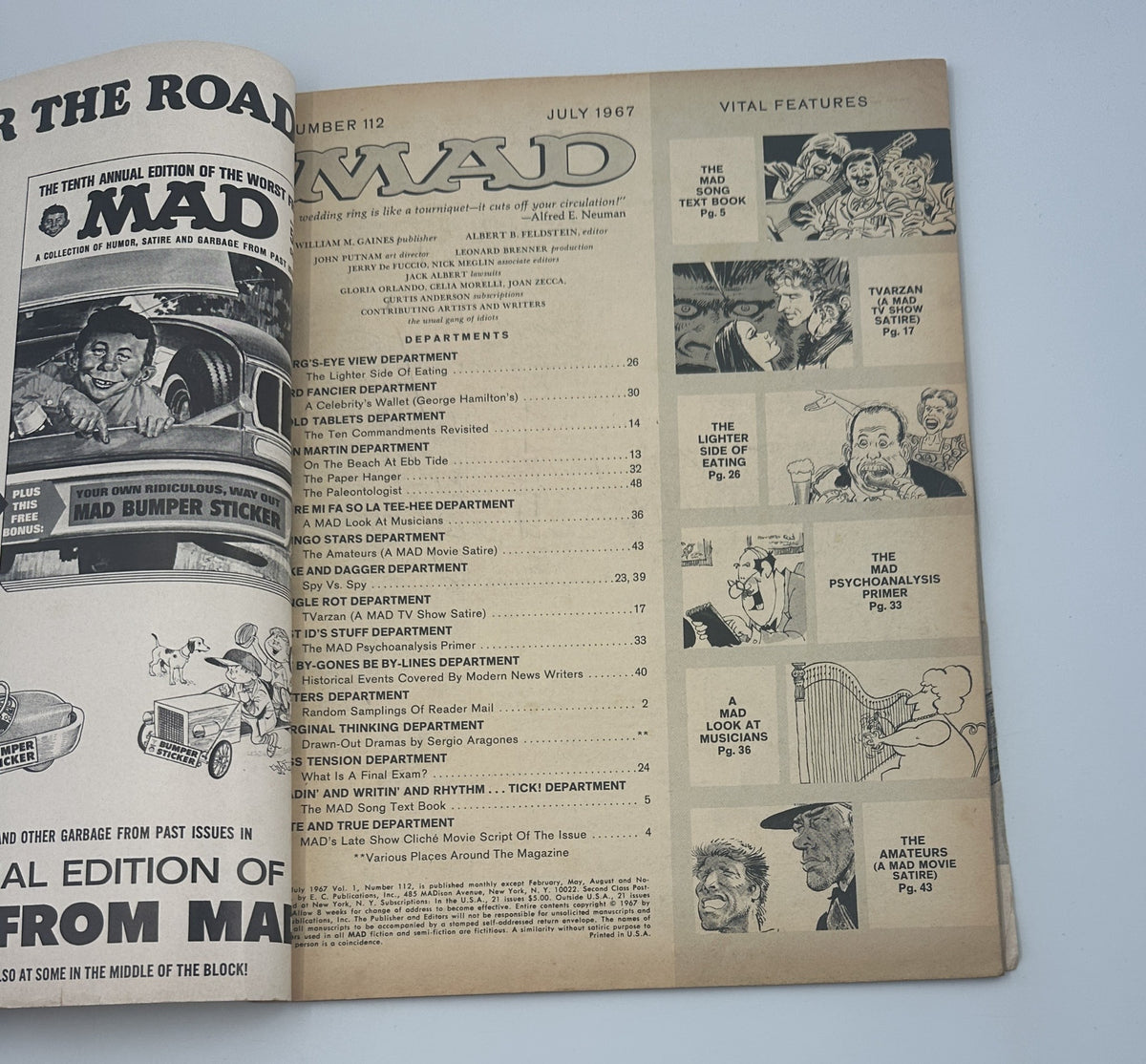 Inside page of MAD Magazine No. 112 from July 1967 displaying the Table of Contents and featuring artwork from various departments of the magazine.