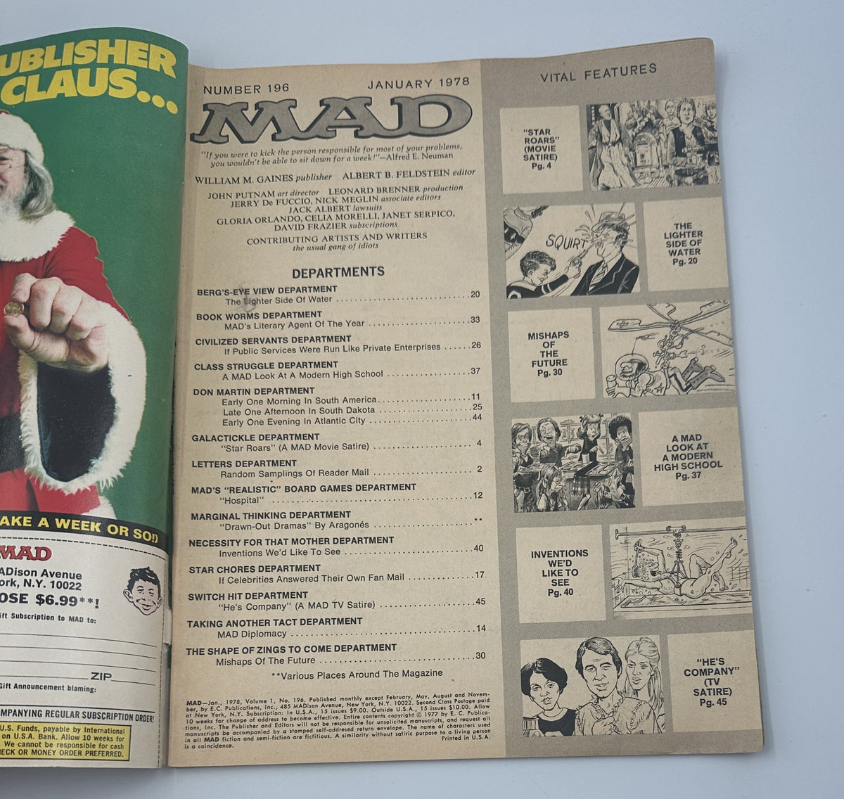 MAD Magazine No. 196 January 1978 featuring the departments and vital features including 'Star Roars' and 'Mishaps Of The Future'. This issue is a reader copy graded Good with visible wear.