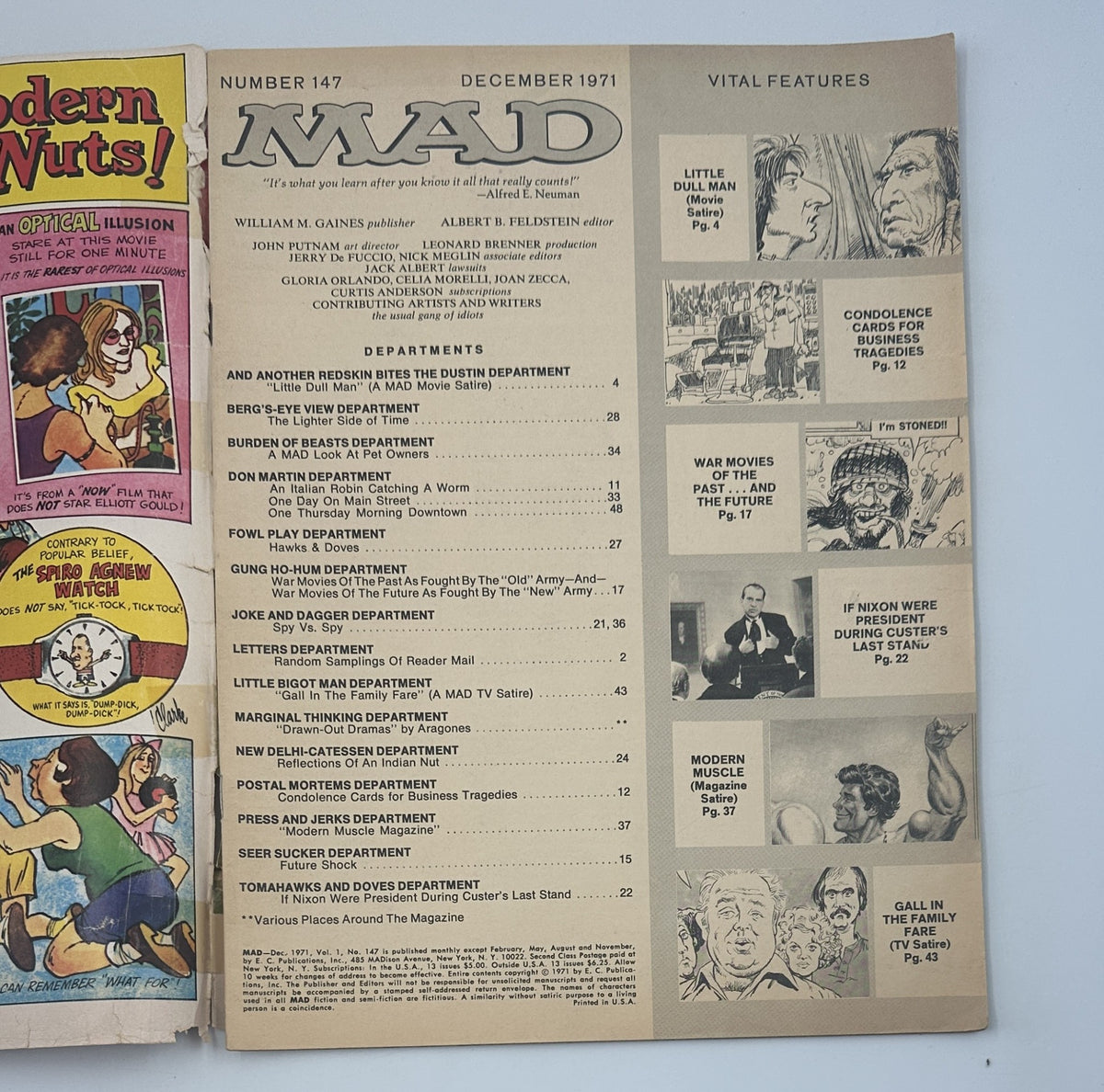 Table of contents page from MAD Magazine No. 147, December 1971, listing various departments and features including 'Little Duel Man,' 'War Movies Of The Past,' and 'Nixon Were President During Custer’s Last Stand.'