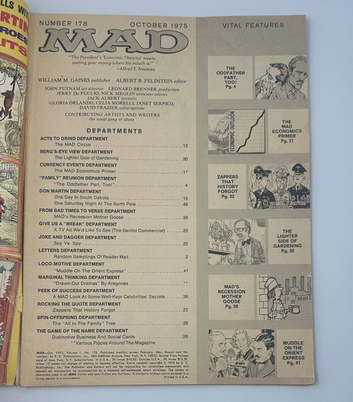 Inside page of MAD Magazine No. 178 October 1975 displaying the vital features and table of contents, showcasing various humorous departments.