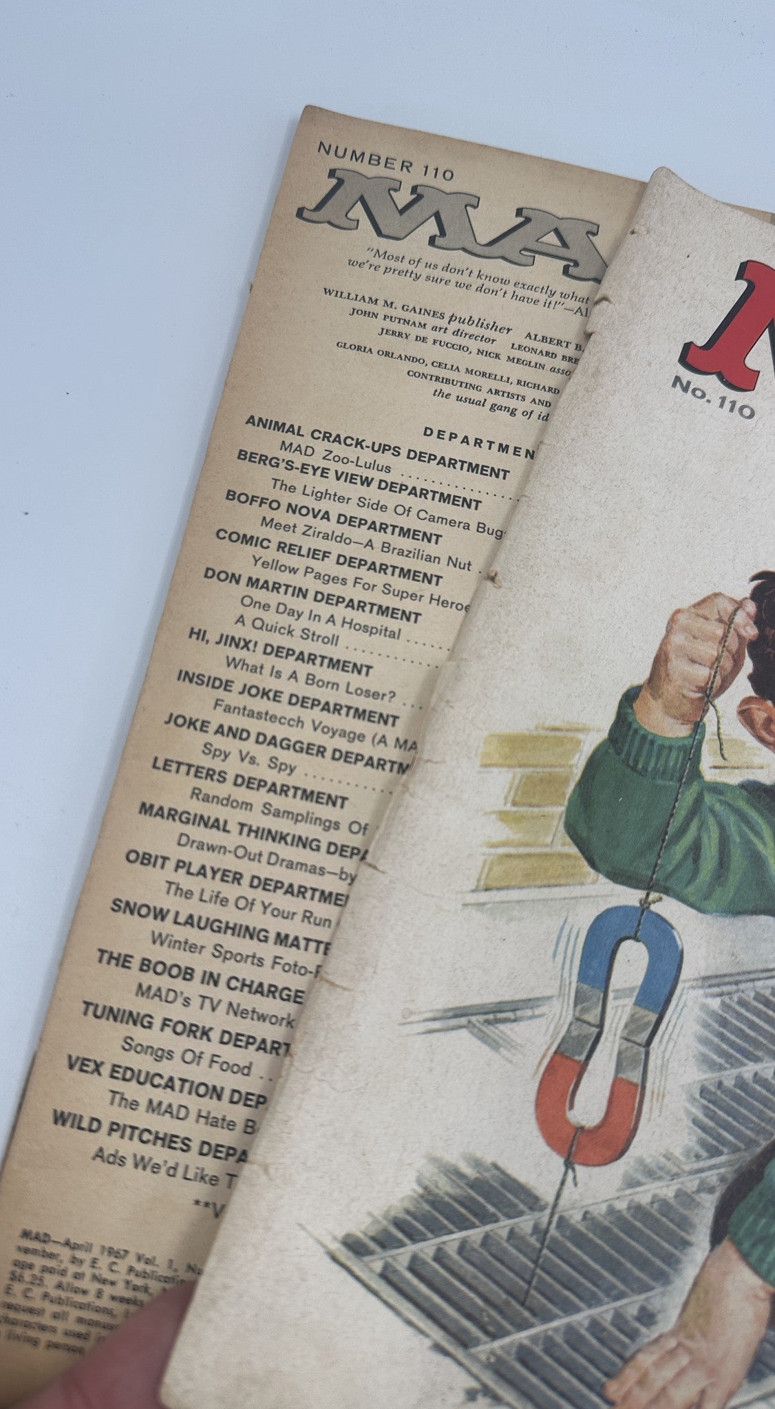 Inside cover of MAD Magazine No. 110 April 1967 showing the Table of Contents, highlighting various departments such as ANIMAL CRACK-UP and DON MARTIN DEPARTMENT.