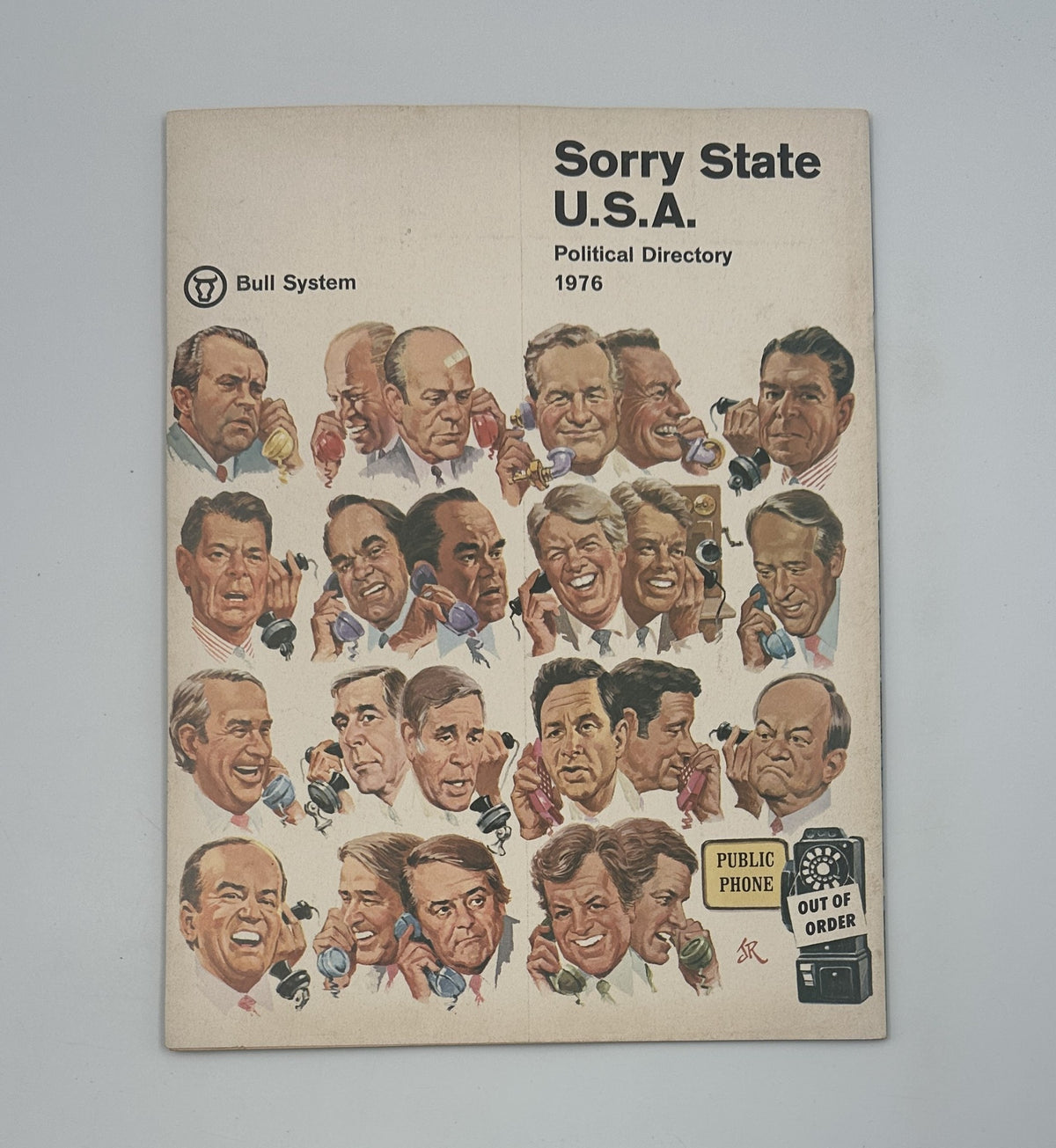 Cover of 'Sorry State U.S.A.' Political Directory from 1976 featuring cartoon caricatures of notable political figures. This illustration reflects the political satire theme relevant in contemporary context.