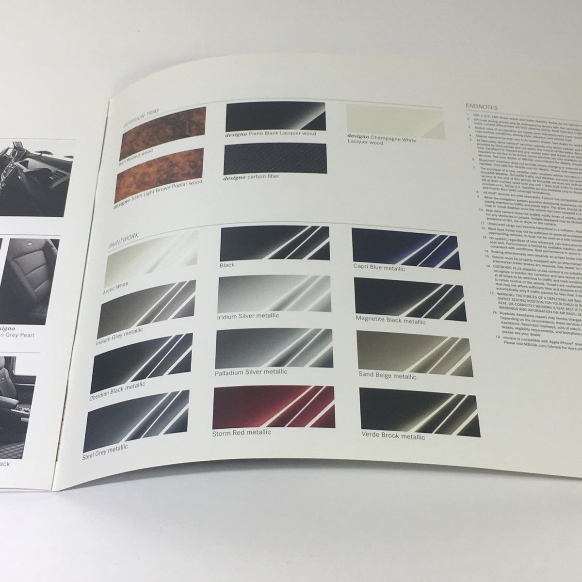 Color options and interior materials featured in the 2013 Mercedes-Benz G-Class 4x4 AMG Dealership Car Auto Brochure Catalog.
