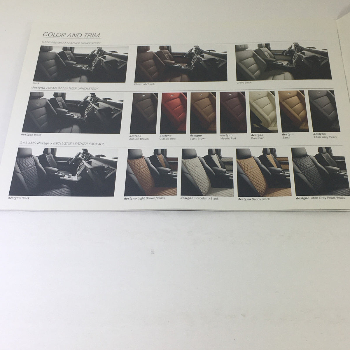 Variety of premium leather upholstery choices showcased in the 2013 Mercedes-Benz G-Class 4x4 AMG Dealership Car Auto Brochure Catalog.