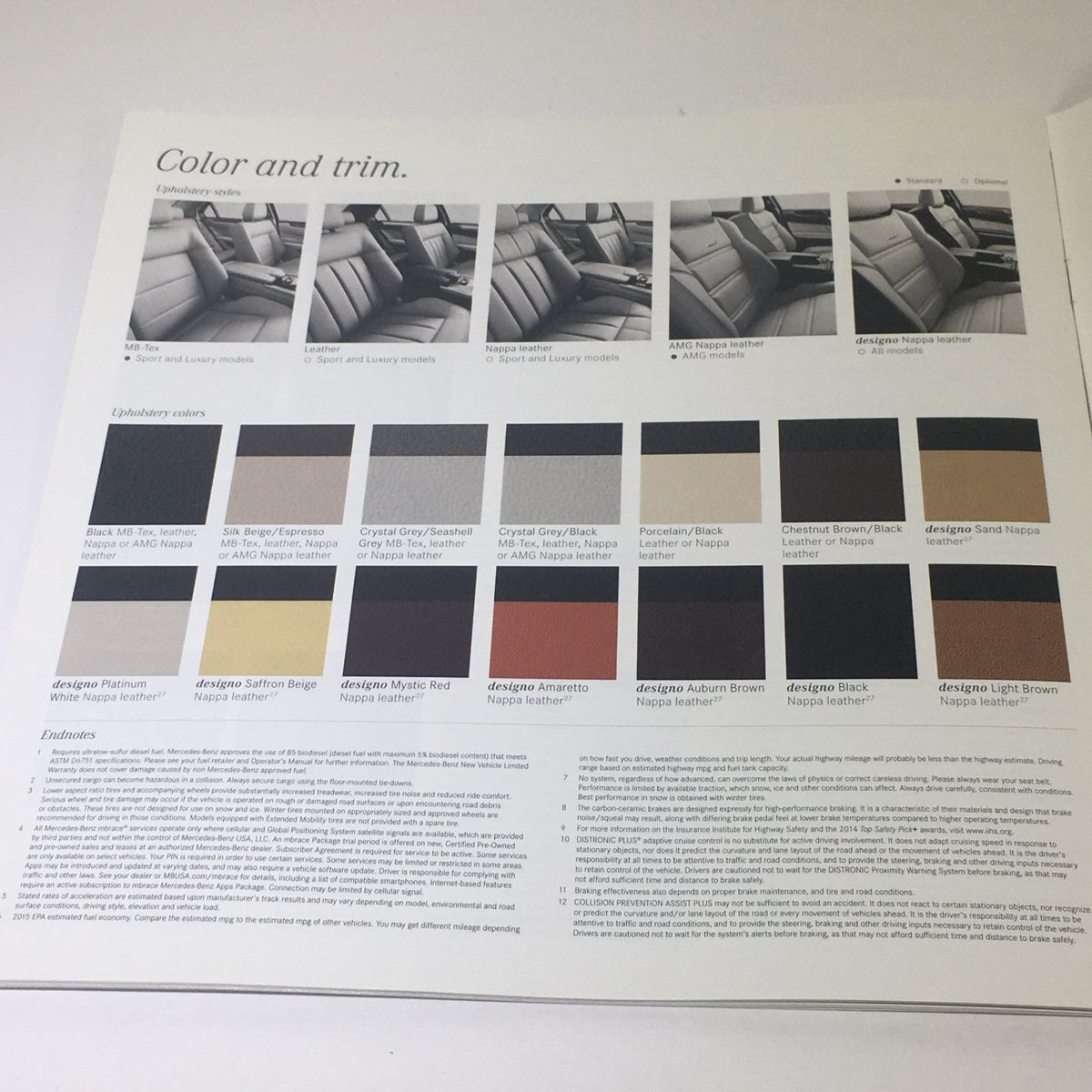 2015 Mercedes-Benz E-Class Sedans & Wagon Dealership Car Auto Brochure Catalog displaying upholstery color options for E-Class models including various luxury leather textures.