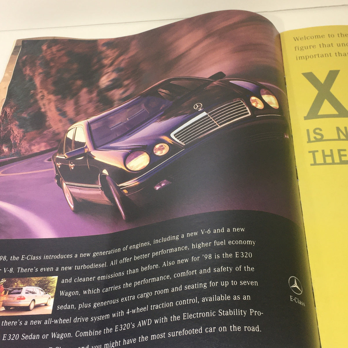 Detailed description page from the 1997 Mercedes-Benz CLK-30 C-230 Sedan Dealership Car Auto Brochure Catalog showcasing the E-Class with performance and safety aspects.