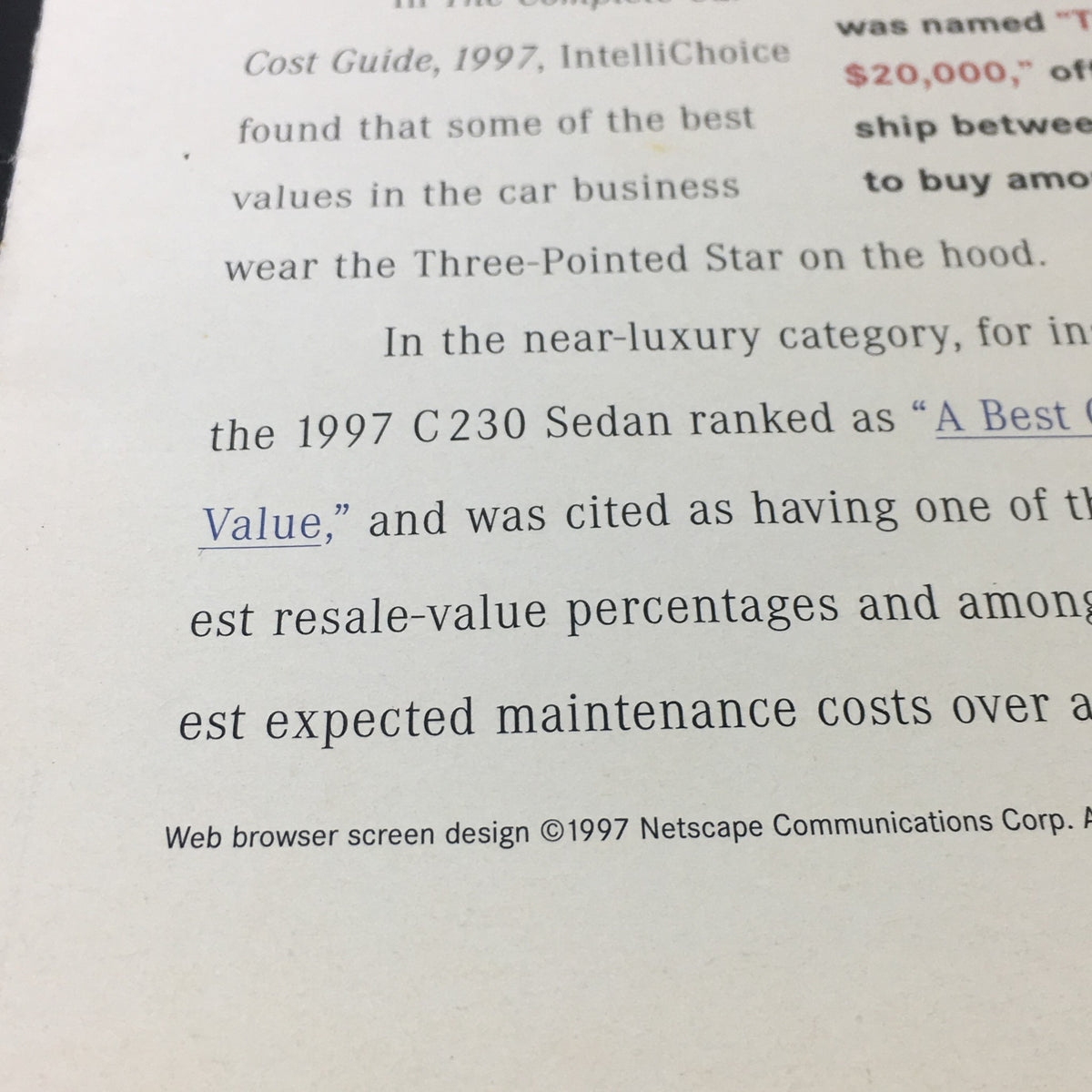 Page from the 1997 Mercedes-Benz CLK-30 C-230 Sedan Dealership Car Auto Brochure Catalog highlighting its proud ranking by IntelliChoice as 'Best Overall Value of the Year'.