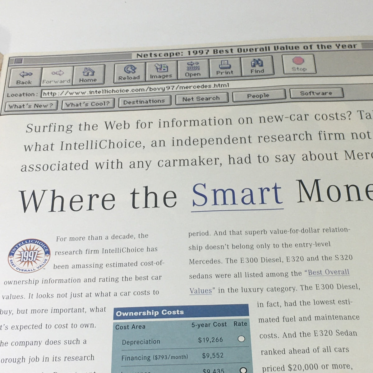 Another page from the 1997 Mercedes-Benz CLK-30 C-230 Sedan Dealership Car Auto Brochure Catalog discussing ownership costs and maintenance of the luxury vehicle.