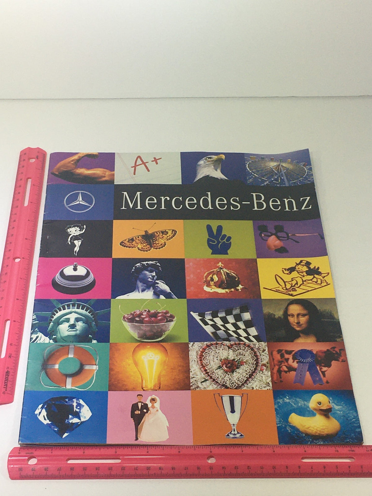 Cover of the 1997 Mercedes-Benz CLK-30 C-230 Sedan Dealership Car Auto Brochure Catalog, featuring a vibrant collage of images related to Mercedes-Benz branding.