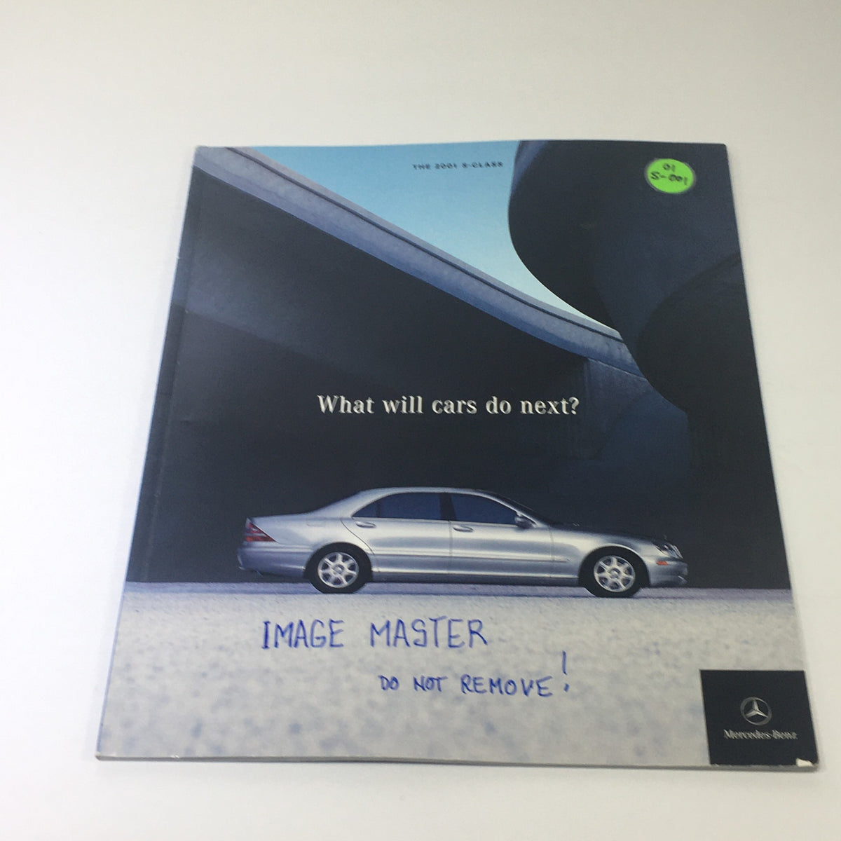 2001 Mercedes-Benz S-Class Dealership Car Auto Brochure Catalog cover featuring a silver Mercedes-Benz S-Class with the caption 'What will cars do next?' and a label stating 'IMAGE MASTER DO NOT REMOVE!'