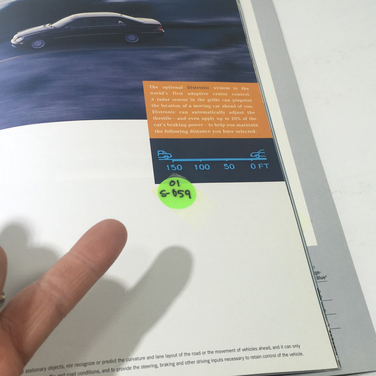 Close-up of a page from the 2001 Mercedes-Benz S-Class Dealership Car Auto Brochure Catalog showcasing the optional Distronic system and distance measurement.