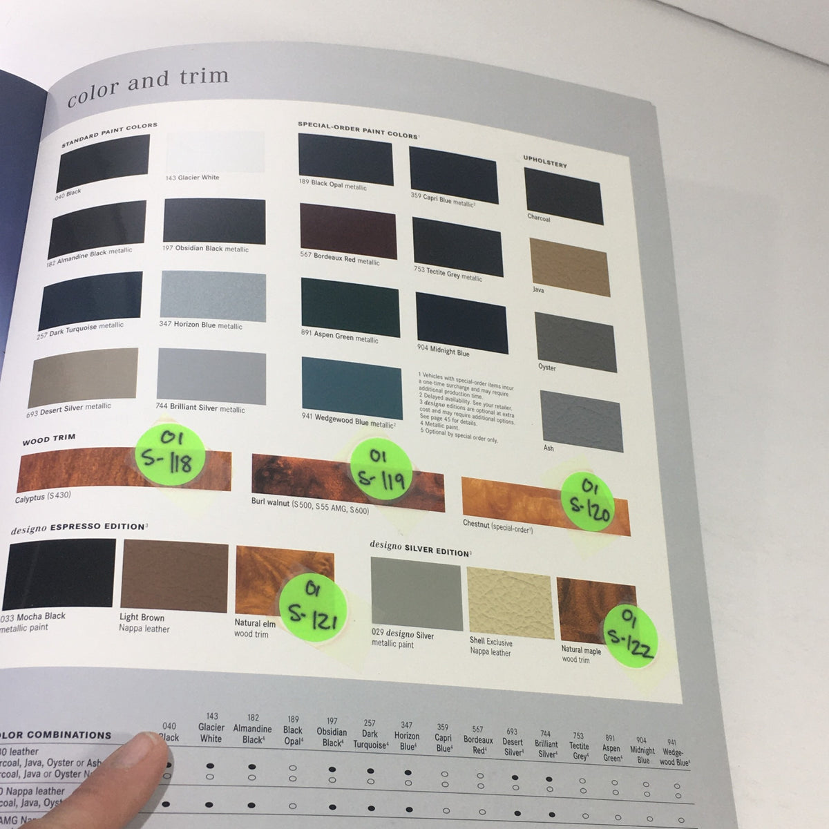 Inside page of the 2001 Mercedes-Benz S-Class Dealership Car Auto Brochure Catalog featuring color and trim options with highlighted specifications.