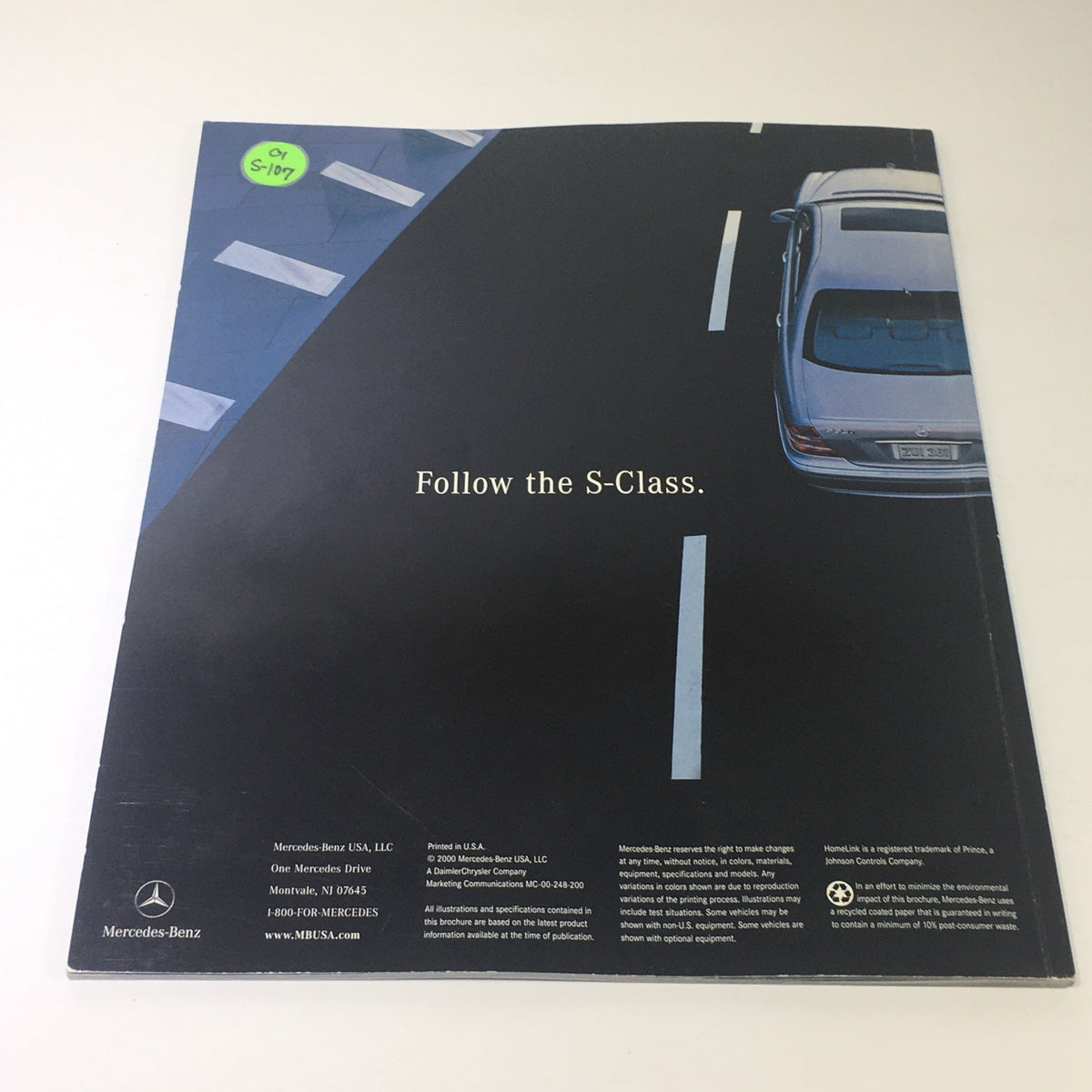Back cover of the 2001 Mercedes-Benz S-Class Dealership Car Auto Brochure Catalog with the tagline 'Follow the S-Class'.