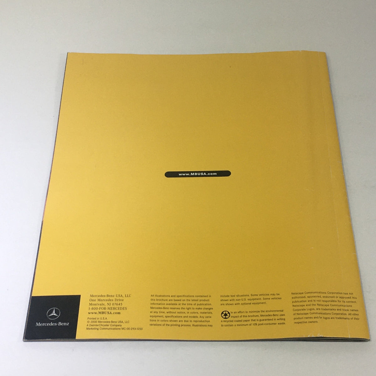 Back cover of the 2001 Mercedes-Benz SLK-Class Dealership Car Auto Brochure Catalog, featuring the official Mercedes-Benz logo and contact information.