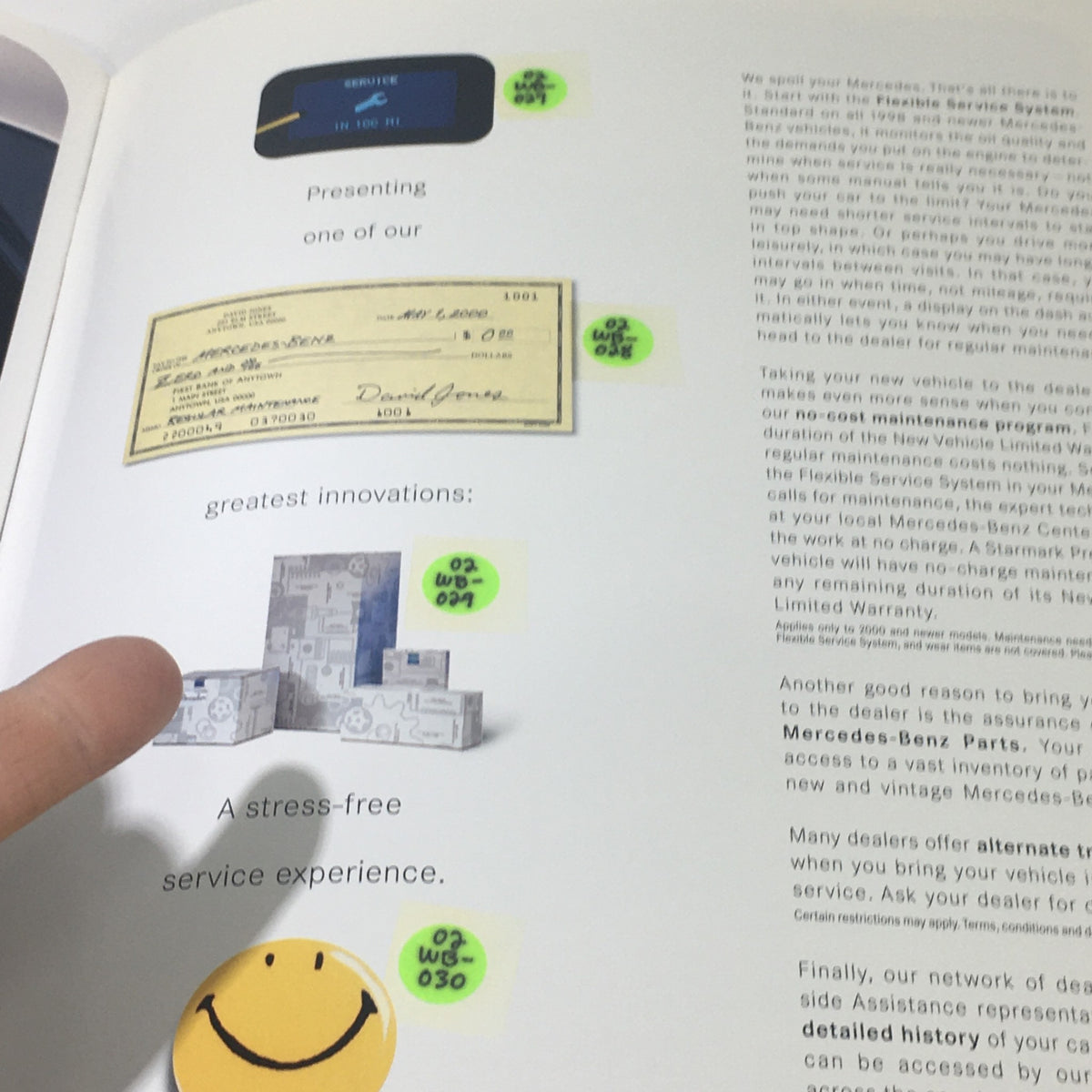 Illustration from the 2001 Mercedes-Benz E-Class Dealership Car Auto Brochure Catalog showcasing a new innovation with sticky notes highlighting information.