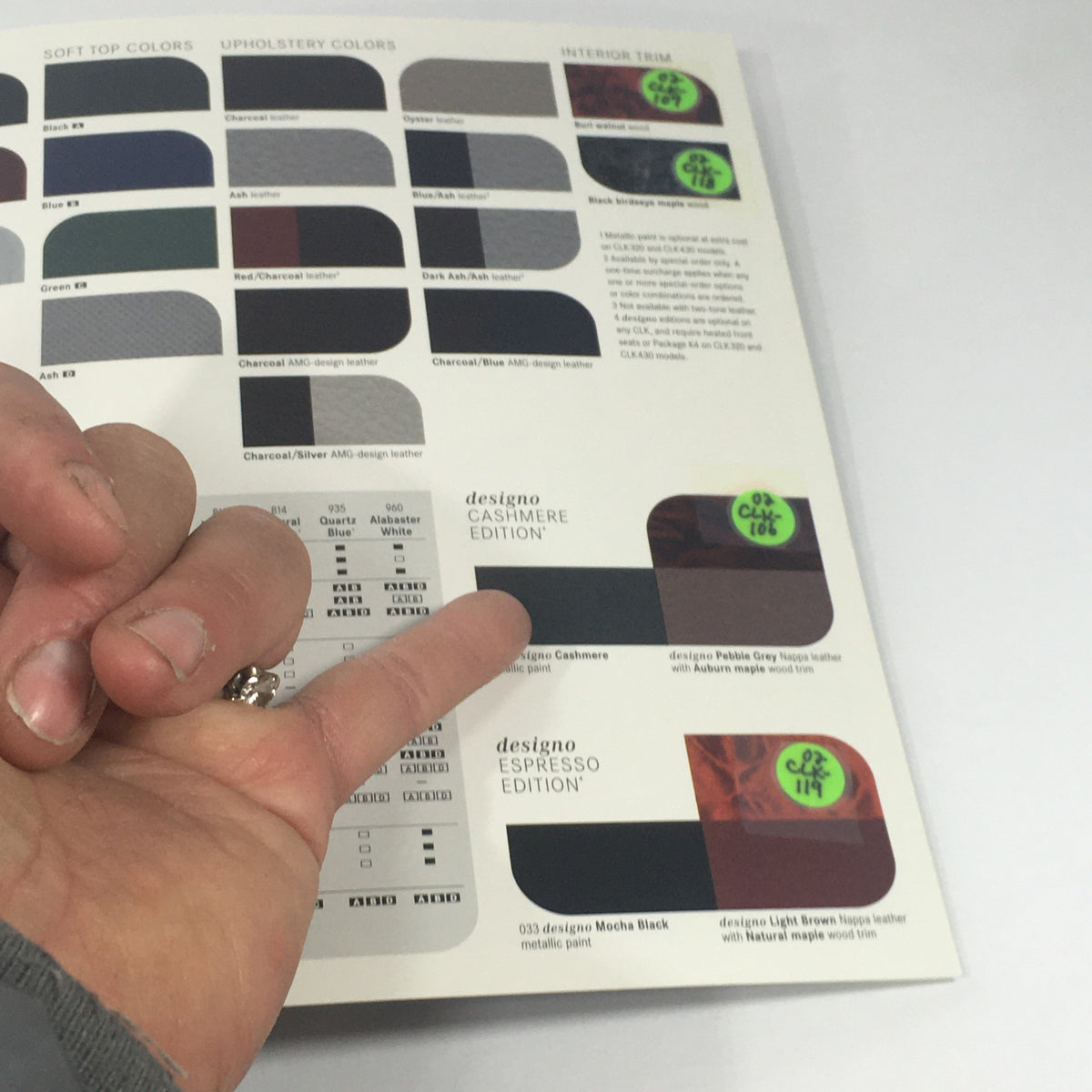 2002 Mercedes-Benz CLK-Class Dealership Car Auto Brochure Catalog showing upholstery color options and design editions.