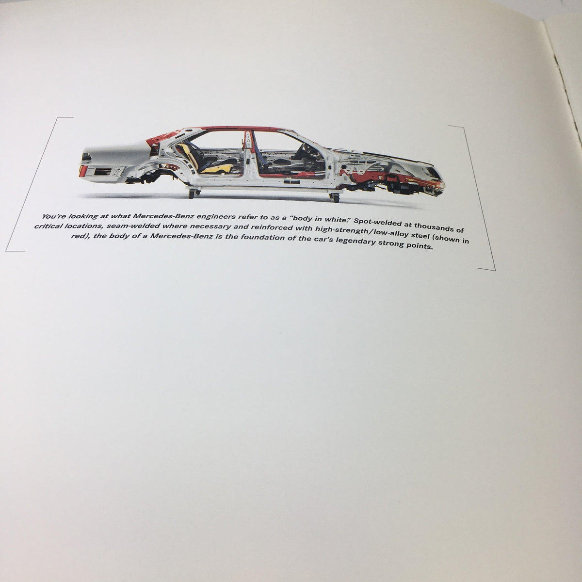 Detailed view of the body structure of the 1996 Mercedes-Benz C-Class C-280 Sedan, highlighting the engineering design during the manufacturing process within the auto brochure catalog.