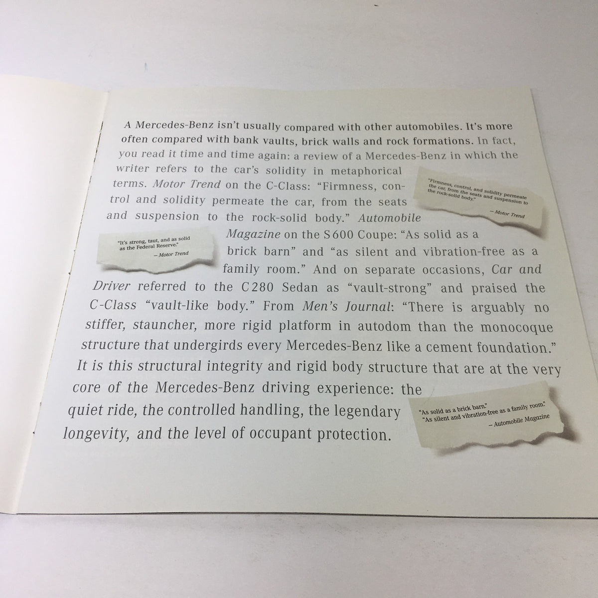 Text from the 1996 Mercedes-Benz C-Class C-280 Sedan auto brochure catalog discussing various features and comparisons with other vehicles, emphasizing quality and design.