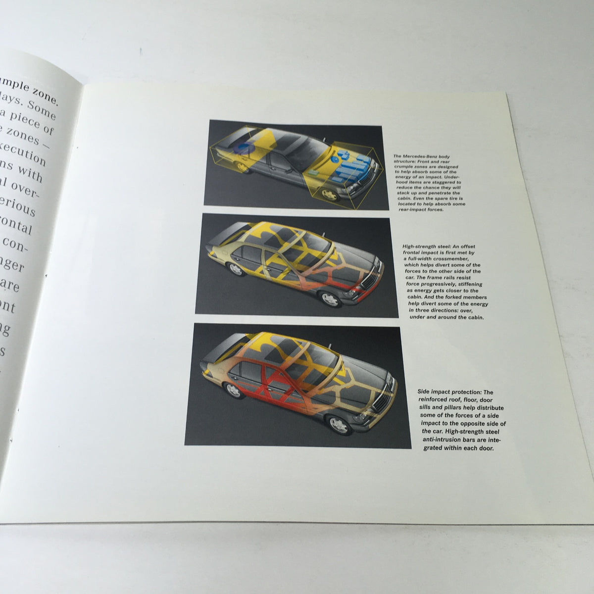 Illustration of safety zones and construction methods of the 1996 Mercedes-Benz C-Class C-280 Sedan in the auto brochure catalog, showcasing high-strength materials and design integrity.