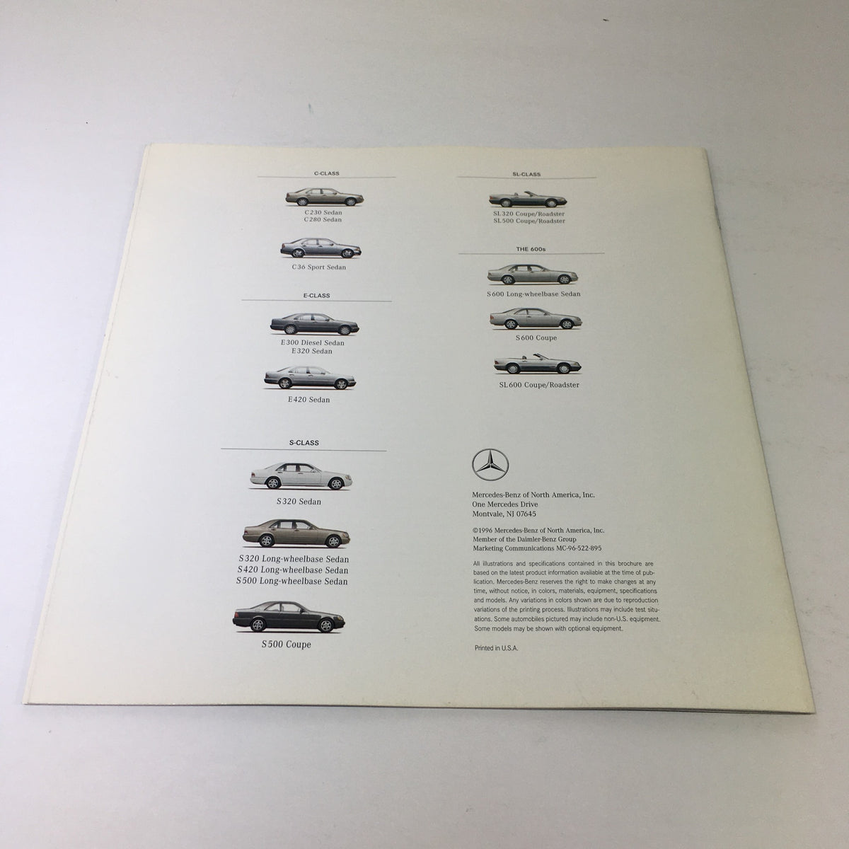 Overview of different luxury Mercedes-Benz models, including the 1996 C-Class C-280 Sedan, featured in the auto brochure catalog for potential buyers.