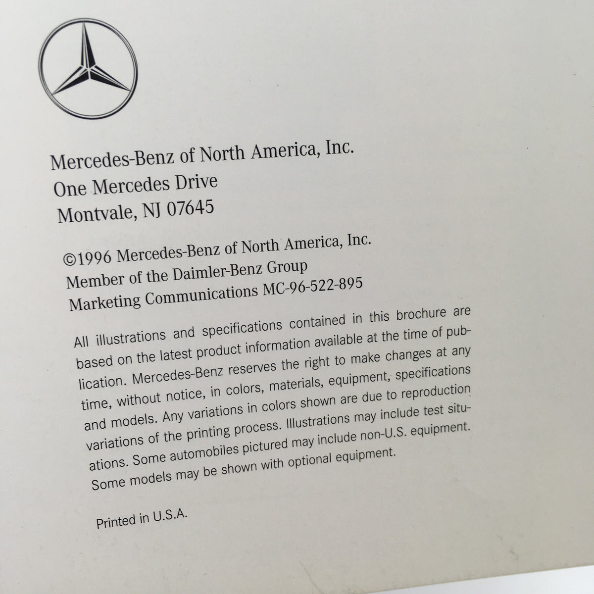 Footer of the 1996 Mercedes-Benz C-Class C-280 Sedan brochure with company details, emphasizing the brand's legacy and commitment to quality.