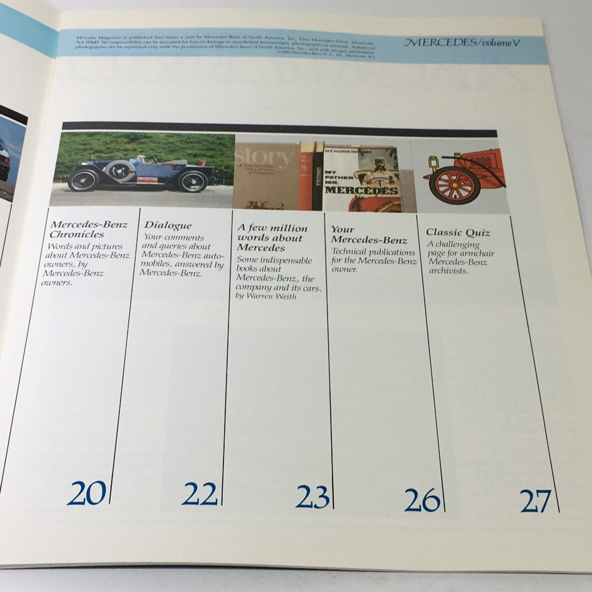 1982 Mercedes-Benz Volume V Dealership Car Auto Brochure Catalog showcasing content sections including Mercedes-Benz Chronicles and Dialogue.