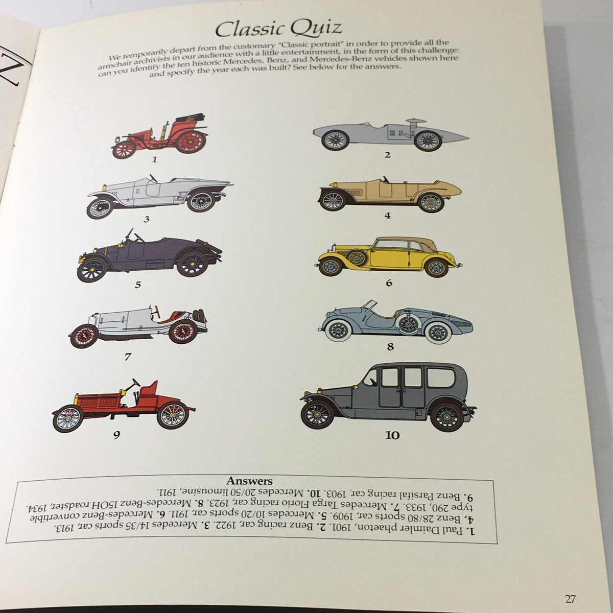 1982 Mercedes-Benz Volume V Dealership Car Auto Brochure Catalog classic quiz page featuring historic Mercedes-Benz vehicle illustrations.