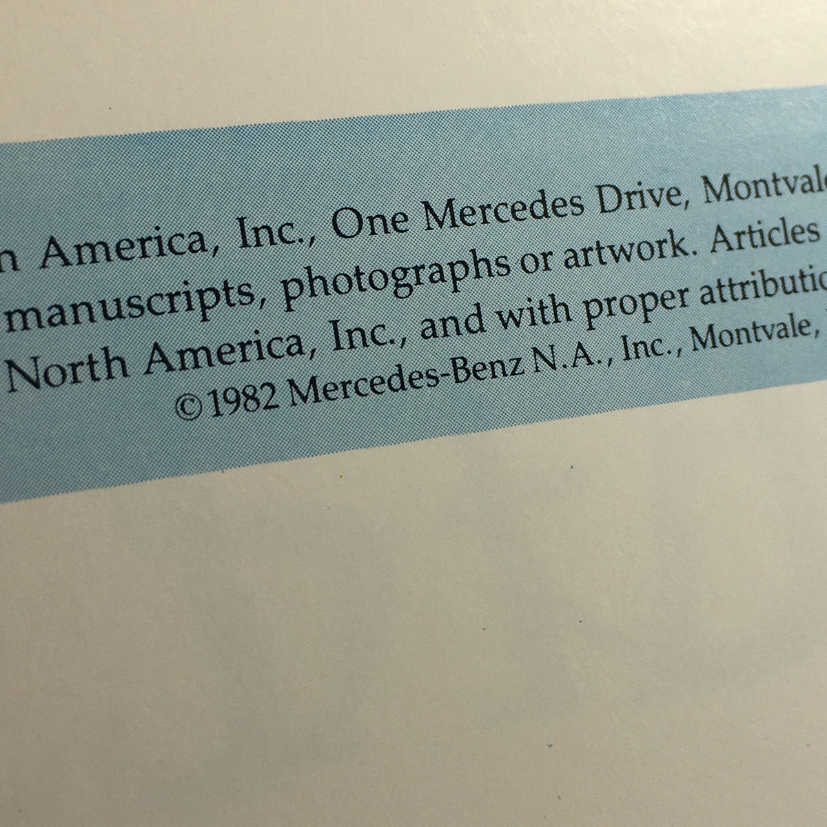 1982 Mercedes-Benz Volume V Dealership Car Auto Brochure Catalog detail showing copyright information and publication details.