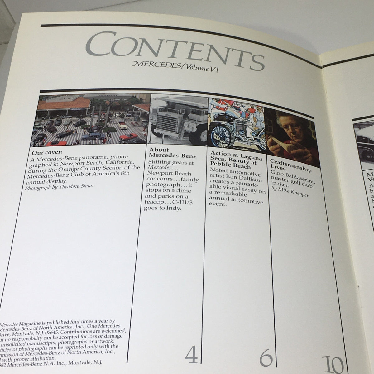 Contents page of the 1982 Mercedes-Benz Volume VI Dealership Car Auto Brochure Catalog detailing articles and features.
