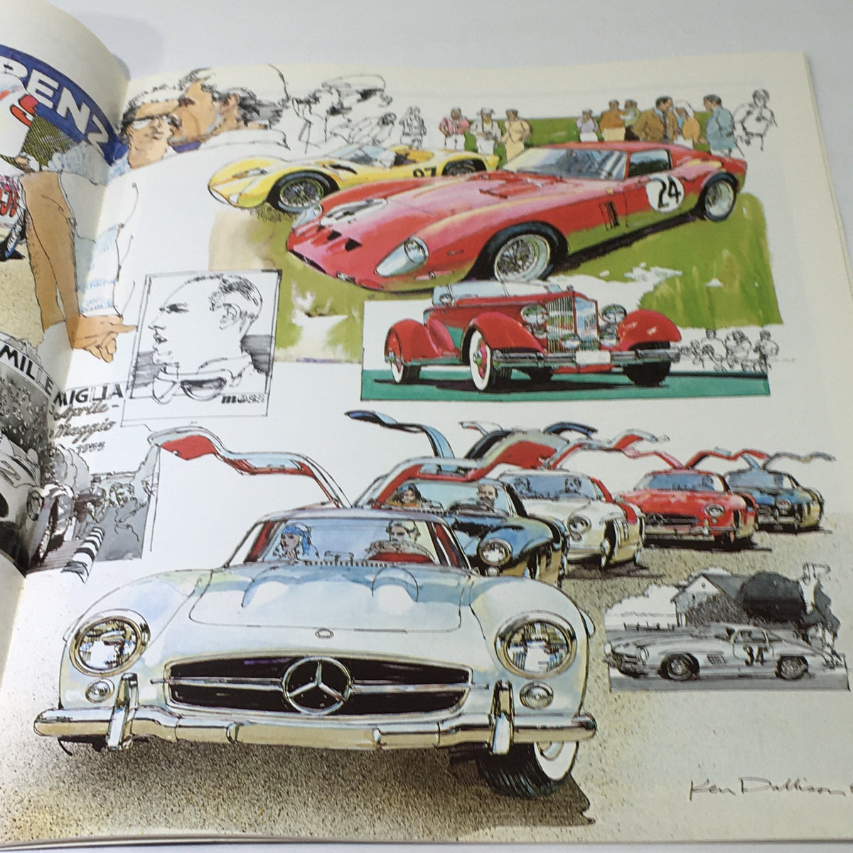 Illustrated page from the 1982 Mercedes-Benz Volume VI Dealership Car Auto Brochure Catalog depicting various classic Mercedes-Benz cars in an artistic layout.