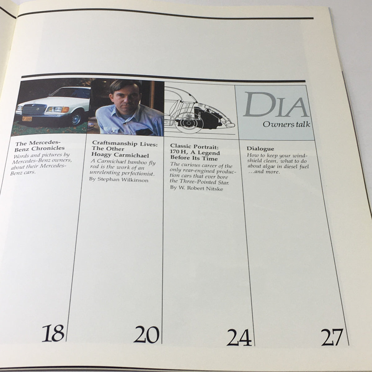 Interior page of the 1983 Mercedes-Benz Volume VIII Dealership Car Auto Brochure Catalog, featuring articles such as 'The Mercedes-Benz Chronicles' and 'Craftsmanship Lives: The Other Hoagy Carmichael' with images and text.
