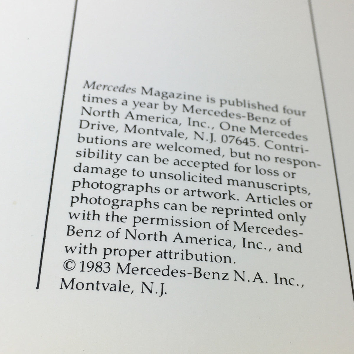 Back cover note of the 1983 Mercedes-Benz Volume VIII Dealership Car Auto Brochure Catalog, containing publishing details and copyright notice by Mercedes-Benz of North America.