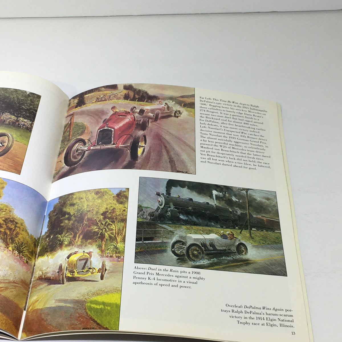 Interior spread featuring illustrations of early racing scenes and vehicles from the 1983 Mercedes-Benz Volume VIII Dealership Car Auto Brochure Catalog.