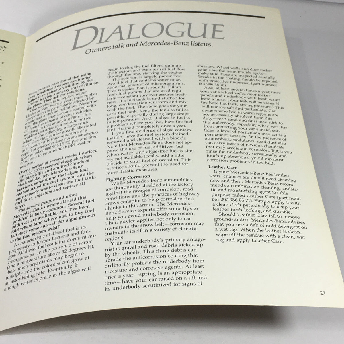 Page from the 1983 Mercedes-Benz Volume VIII Dealership Car Auto Brochure, featuring an article titled 'Dialogue' discussing customer feedback and car maintenance tips.