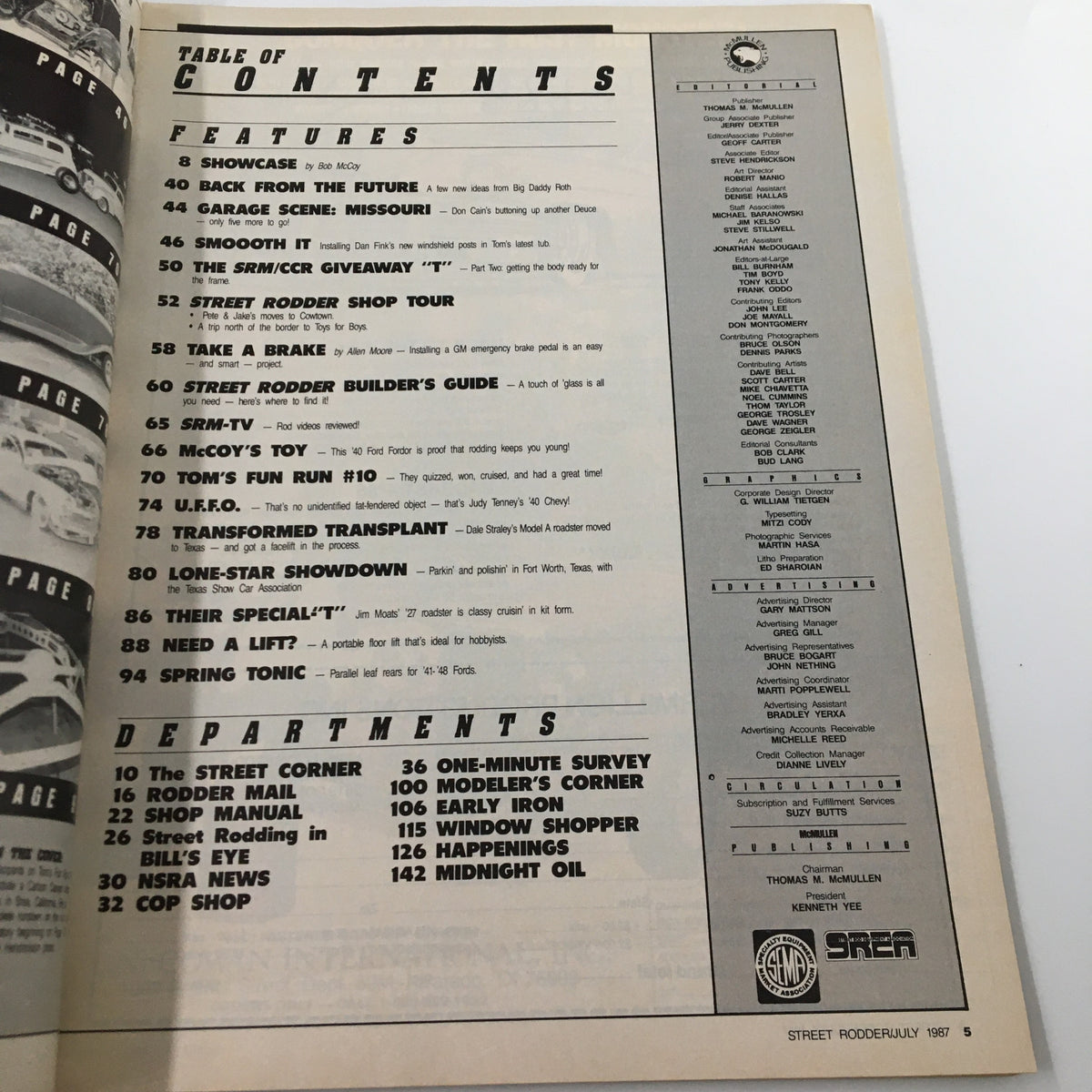 Inside page of Street Rodder Magazine July 1987 displaying the table of contents, highlighting features such as Big Daddy Roth and various automotive articles.