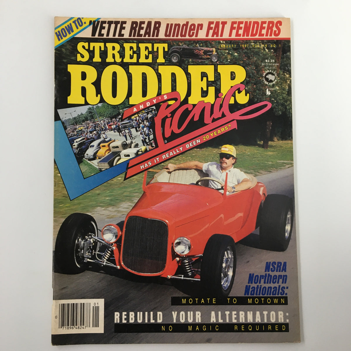 Front cover of Street Rodder Magazine January 1987 featuring a vintage red car and event highlights from the NSRA Northern Nationals.
